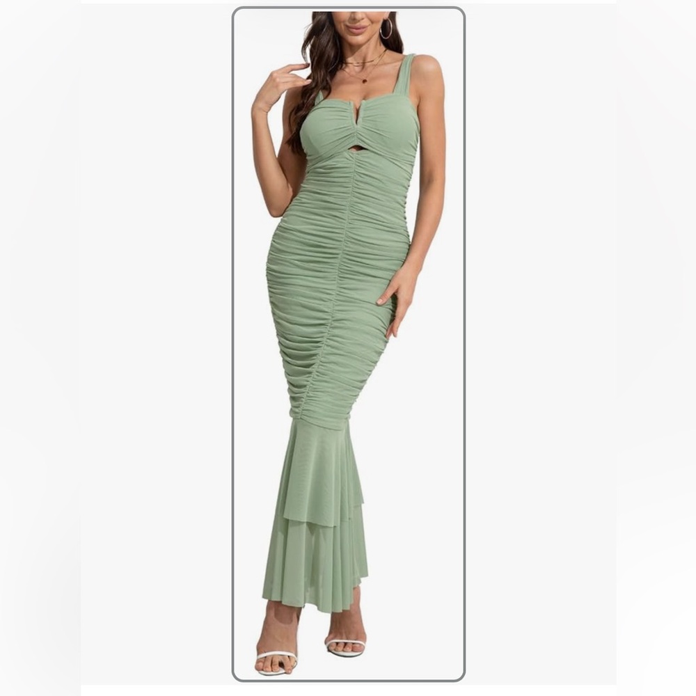 Elegant Sage Ruched Maxi Dress